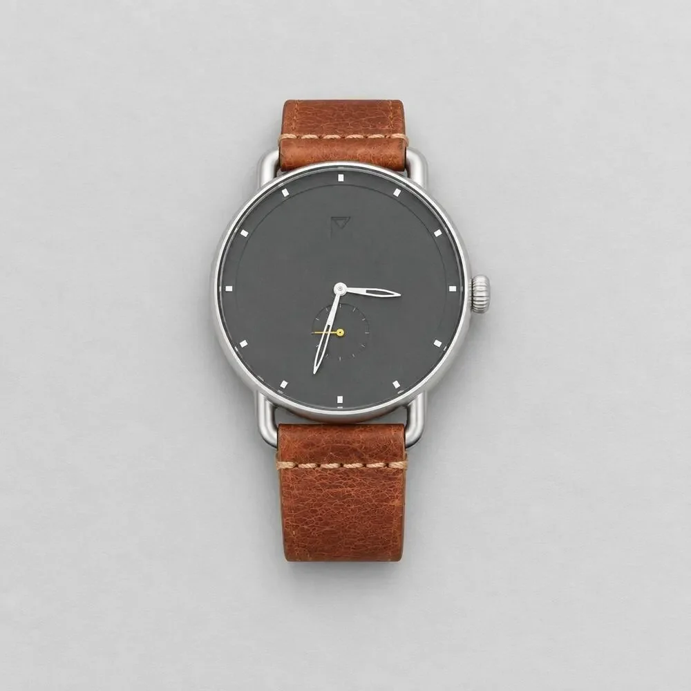 MVMT Revolver Minimalist Watch 41mm Silver Black Dial Brown Leather New Battery